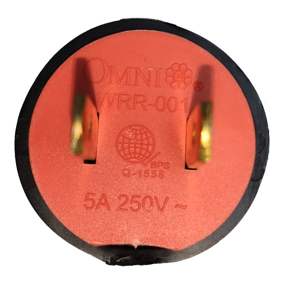An Omni WRR-001 5A 250V AC wall plug adapter with a textured orange-red plastic body, black outer rim, and gold metal pins, shown on a white background.