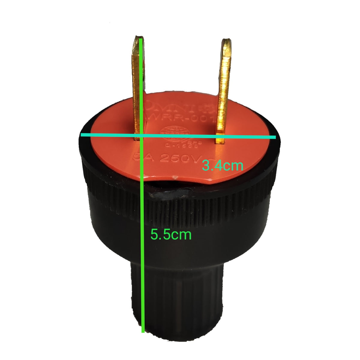 A black electrical outlet adapter with a red top and gold prongs, overlaid with green dimension lines showing a height of 5.5cm and a width of 3.