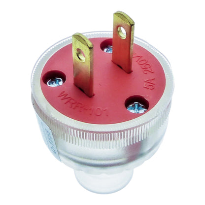 A 2-pin electrical plug component with a red top insulator, brass-colored metal prongs, and a clear plastic body, shown on a white background.