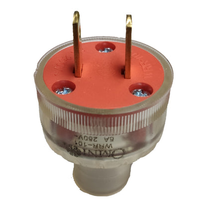 A clear plastic electrical plug adapter with a red top plate and two gold metal pins, shown on a white background.