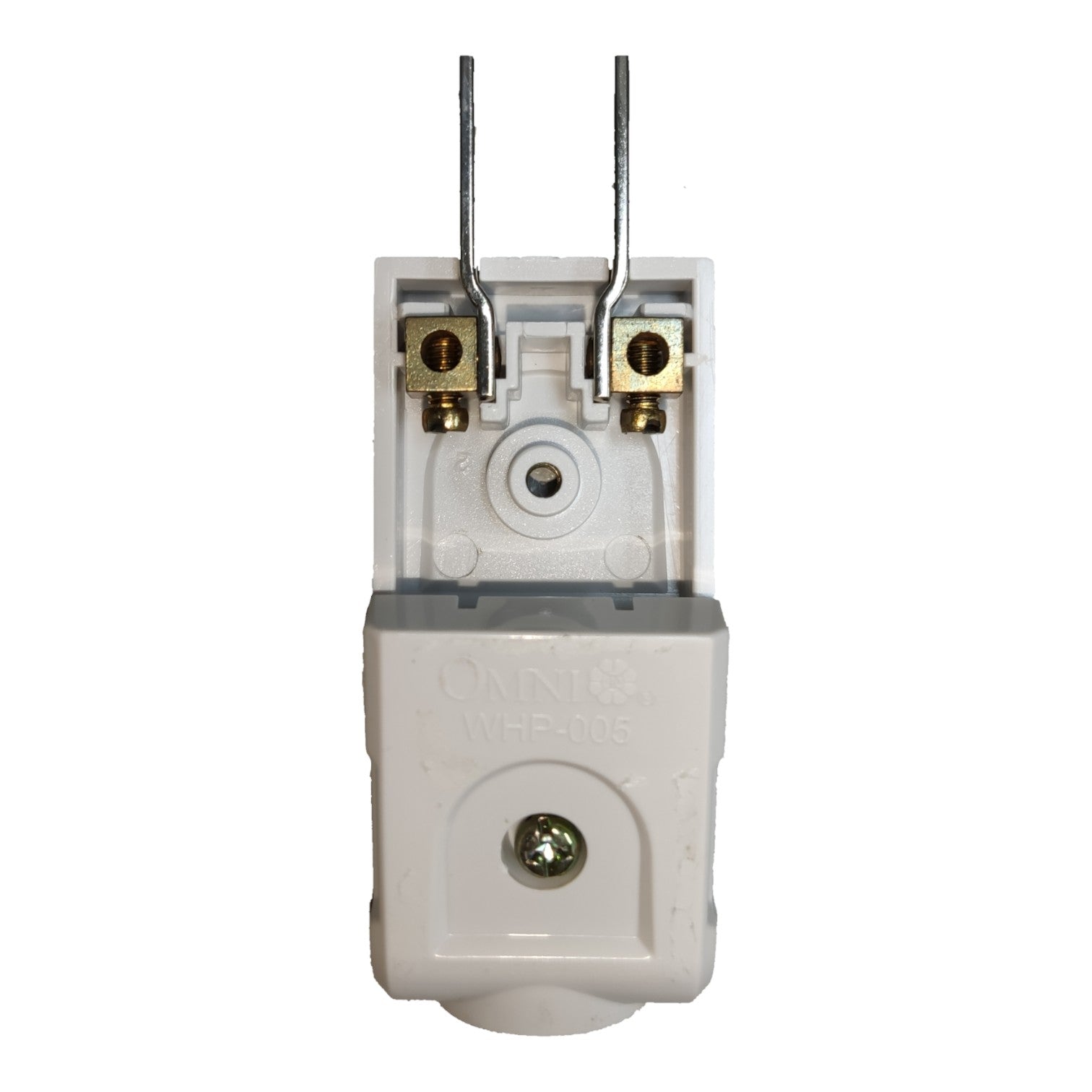 An Omnilite WSP-006 white plastic electrical terminal block with two metal screw terminals and two vertical metal leads, shown on a white background.