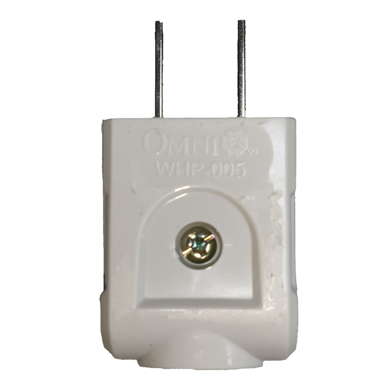 White plastic Omni WHP-005 light socket adapter with two metal pins and a central screw, shown on a white background.