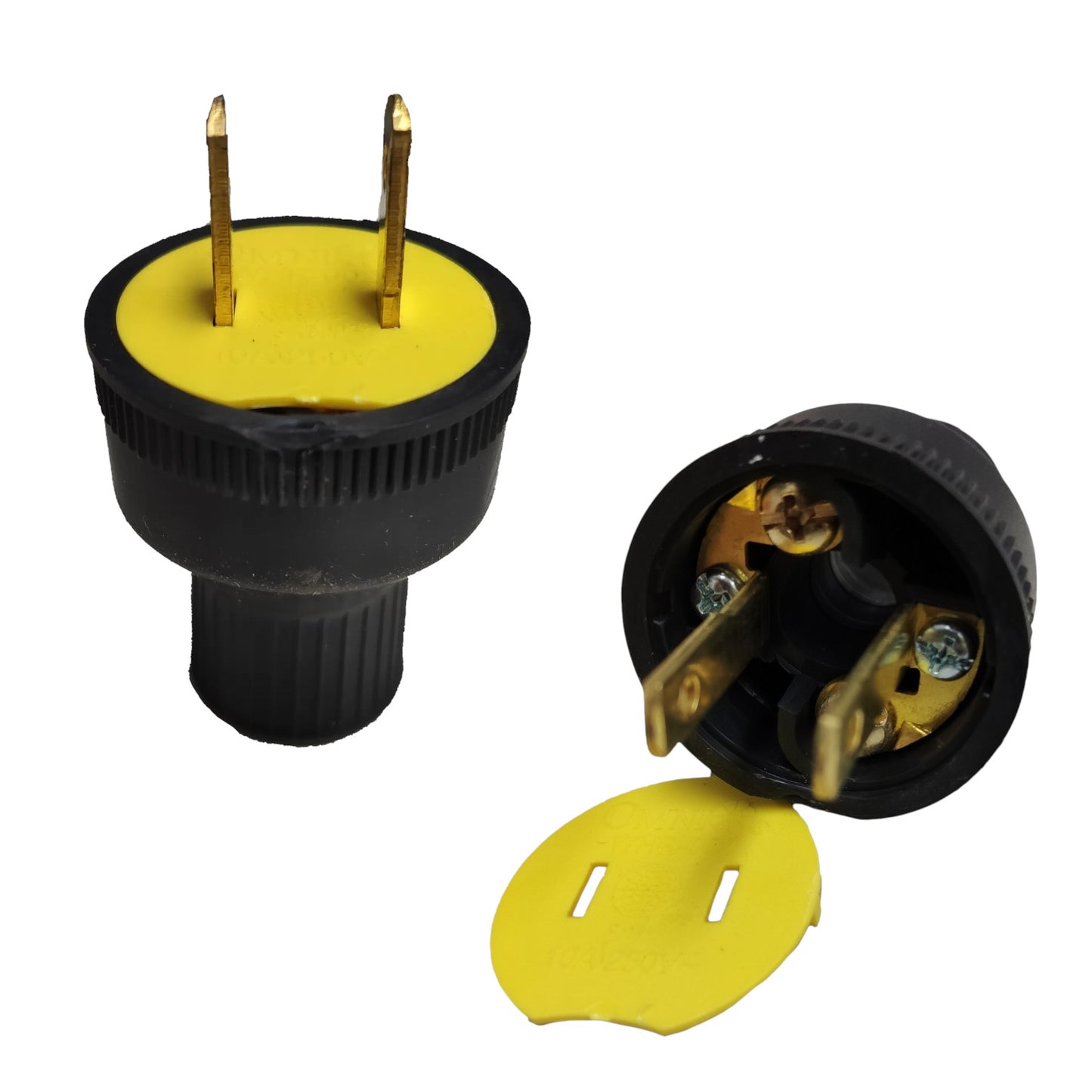 Black and yellow electrical plug adapter shown from two angles on a white background, with one view showing the two brass pins and the other showing the internal contacts and yellow cover.