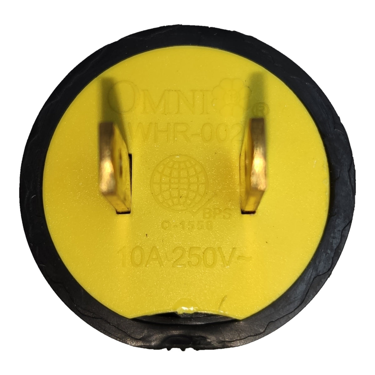 A circular yellow and black electrical outlet plug with two gold-toned metal prongs, featuring embossed text including 'OMNI' and 'WHR-002'.