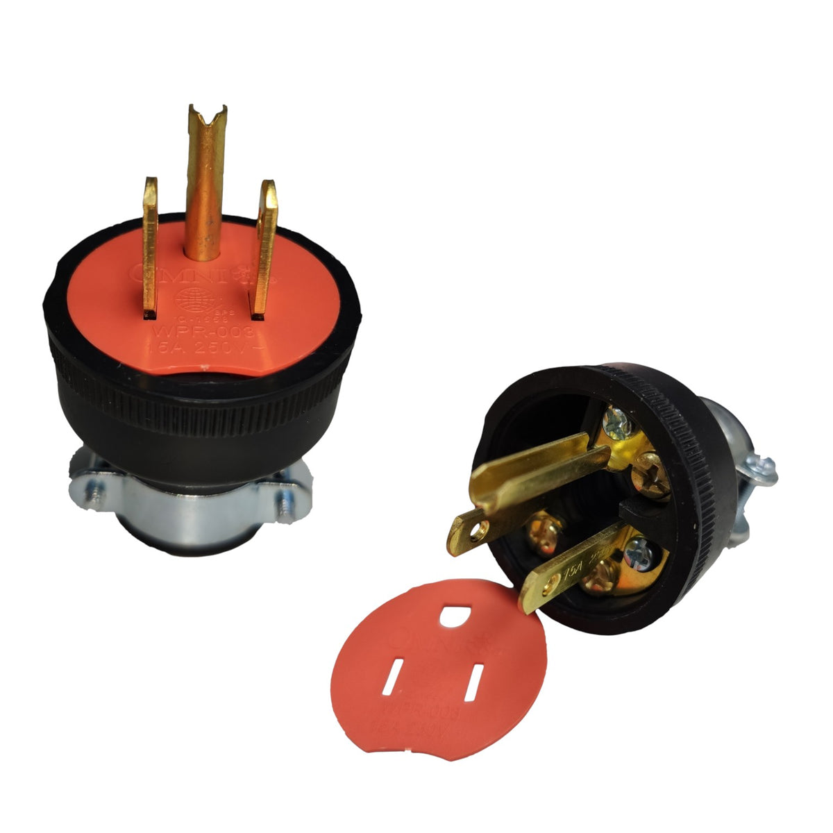 A 3-prong electrical outlet adapter shown from two angles on a white background, with a separate red ground sleeve visible.
