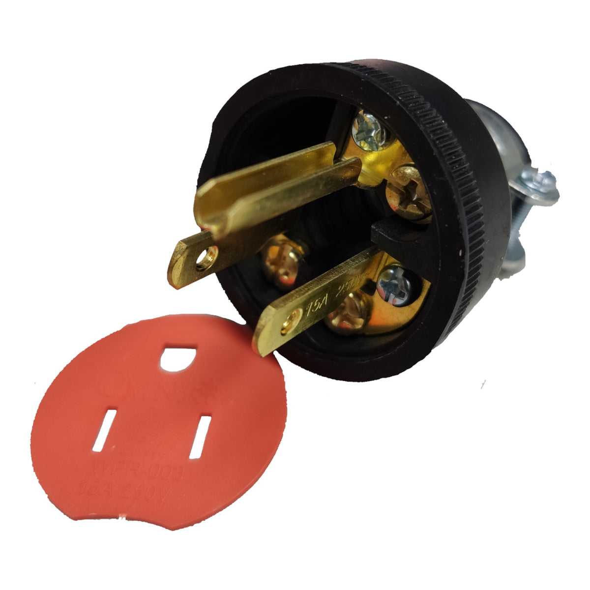 A black 3-prong electrical outlet connector with gold-toned metal prongs and a separate red plastic insert piece, shown on a plain white background.