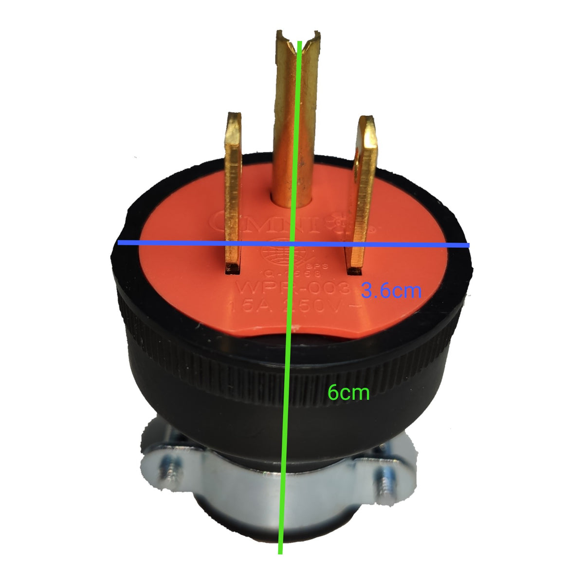 A three-pin electrical plug with dimension overlays showing a height of 6cm and a width of 3.6cm on a white background.