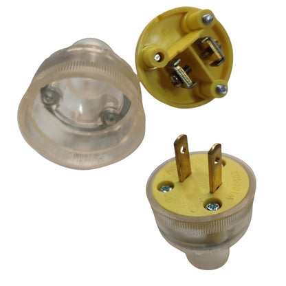 A clear plastic electrical outlet cover with a yellow grounding insert, shown from three angles: assembled, with the top cover removed, and the internal metal terminals and plug pins visible.
