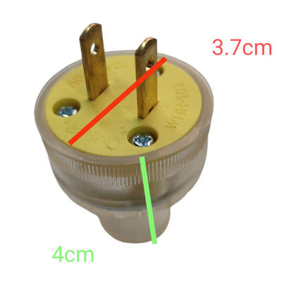 A two-pin electrical plug adapter with a translucent beige plastic body and a yellow top plate. Red and green measurement lines with text labels '3.
