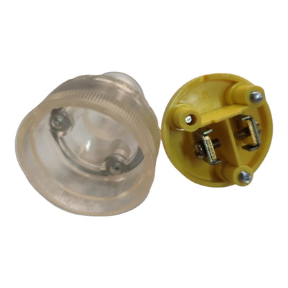 A replacement light bulb socket or lamp base shown disassembled on a plain white background, featuring a clear transparent outer lens and a yellow plastic internal base with metal contacts.