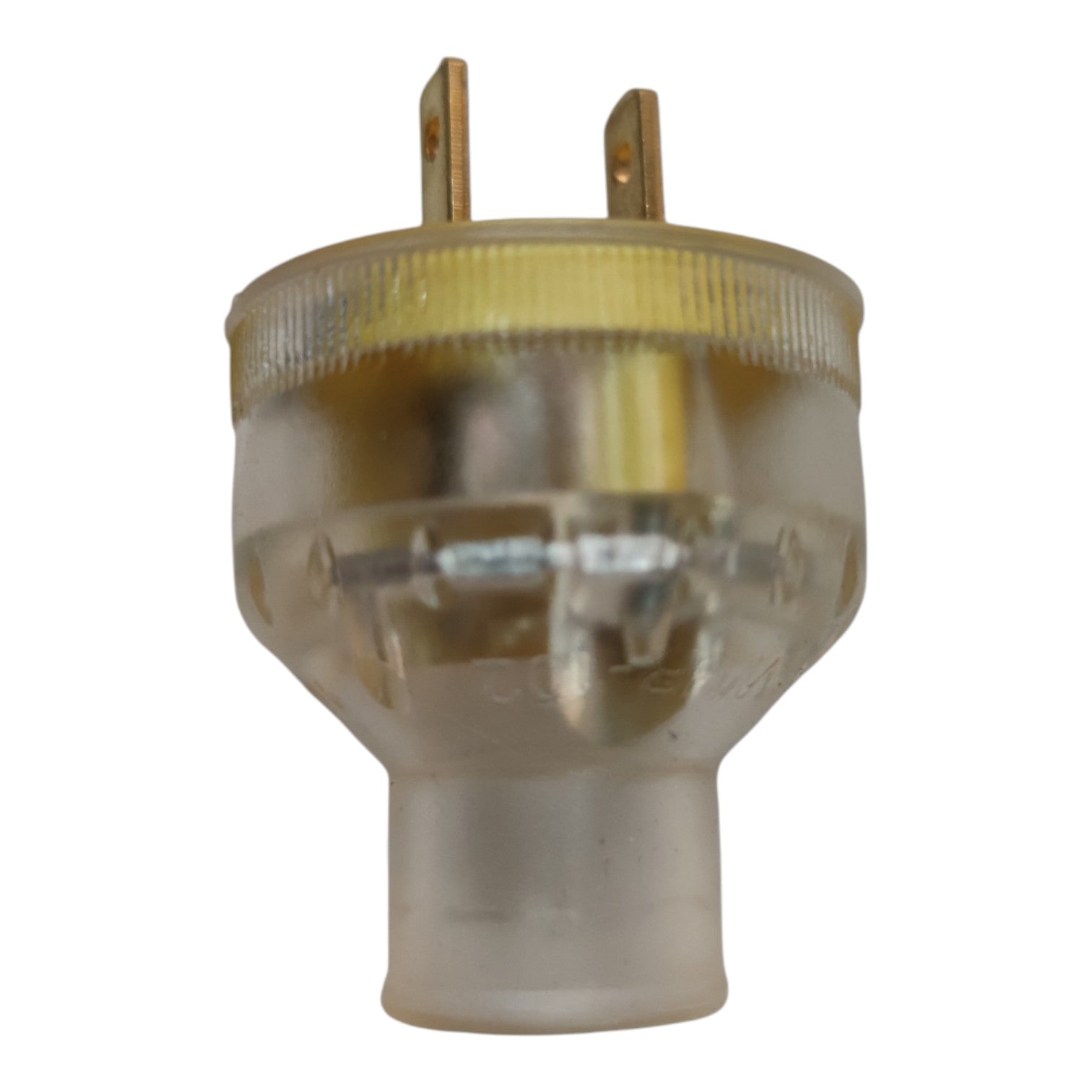 A translucent clear plastic electrical outlet plug with gold-toned metal pins and a ribbed gold-colored top ring, shown against a plain white background.