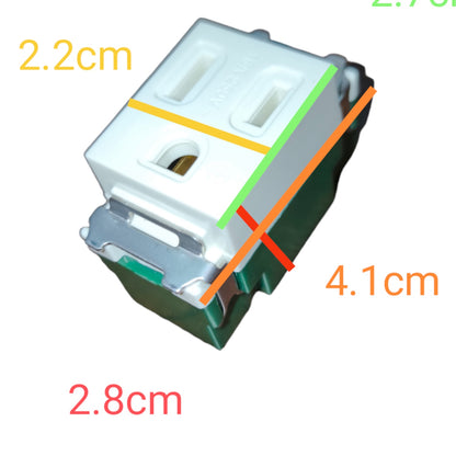 A small white and green plastic electrical outlet component shown on a white background with overlaid dimension lines and text reading 2.2cm, 4.