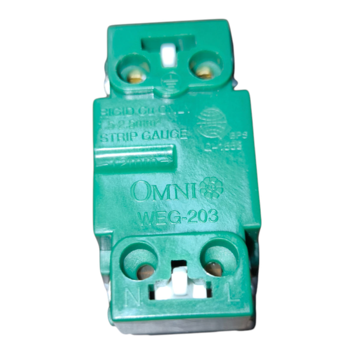 A green Omni WEG-203 strip gauge electrical component with terminal holes and gold-colored screw contacts, shown on a plain white background.