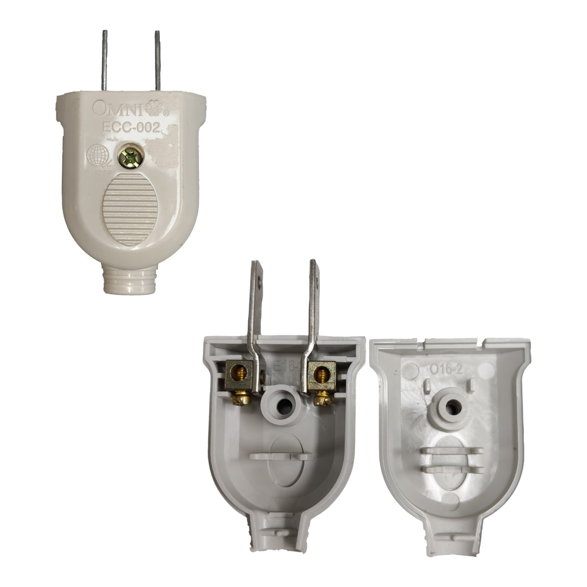 Three views of a white plastic electrical plug adapter on a plain white background, showing the front, back, and internal terminal details.
