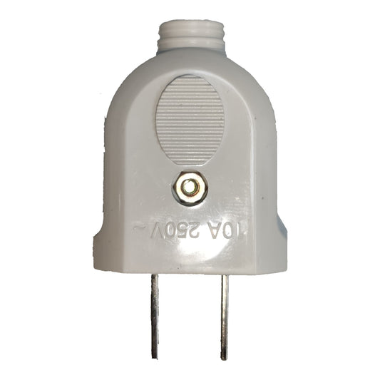 A white plastic electrical adapter plug with two metal pins, featuring a ribbed oval vent on the front and embossed text reading '10A 250V'.