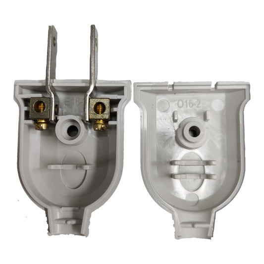 Two white plastic electrical outlet components shown side by side on a white background, one with metal terminal bars and brass screw contacts, and the other showing the interior backside.