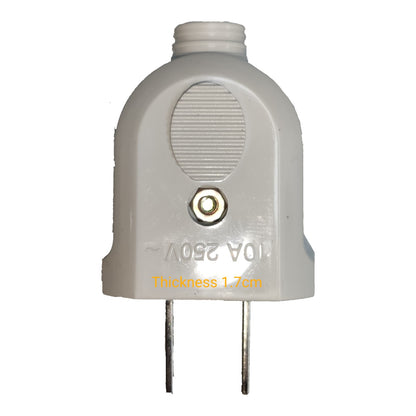 A gray plastic electrical plug adapter with two metal pins, featuring a circular vented detail on the front, a gold screw terminal, and yellow text overlay indicating 'Thickness 1.7cm' and '10A 250V'.