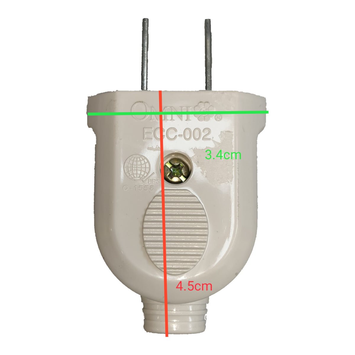 A beige plastic electrical plug adapter with two metal pins, featuring red and green dimension lines and text overlays indicating measurements of 4.5cm and 3.