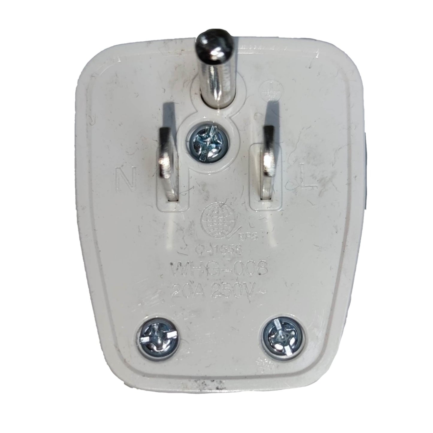 A UK three-pin wall plug adapter with a white plastic body and silver metal pins, shown against a plain white background.