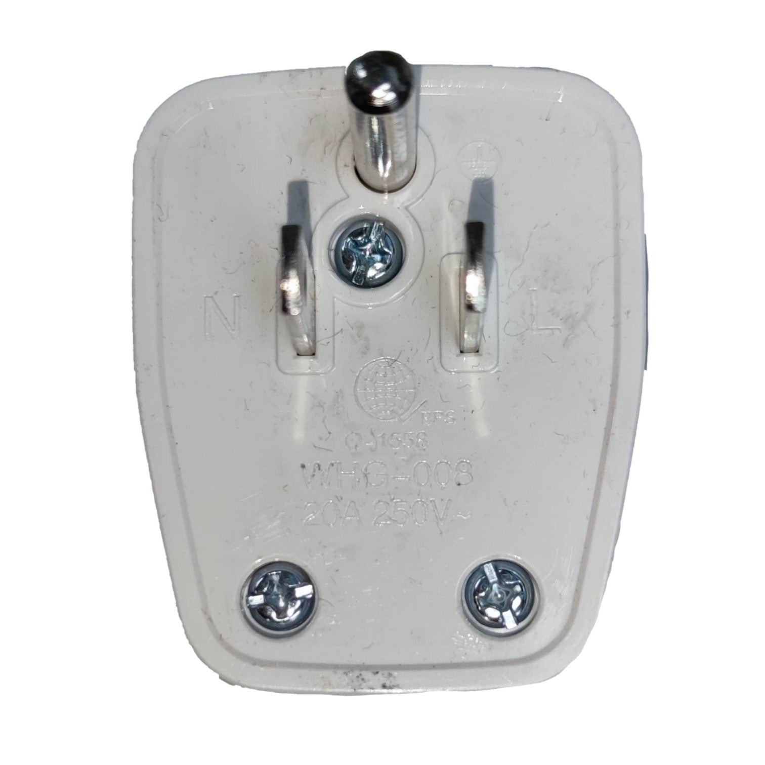 A UK three-pin wall plug adapter with a white plastic body and silver metal pins, shown against a plain white background.