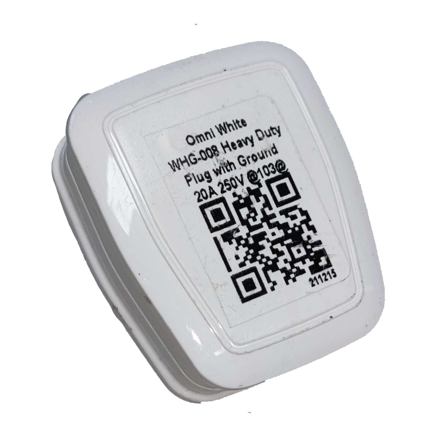 White heavy-duty electrical plug cover with printed specifications and a QR code on a white background.