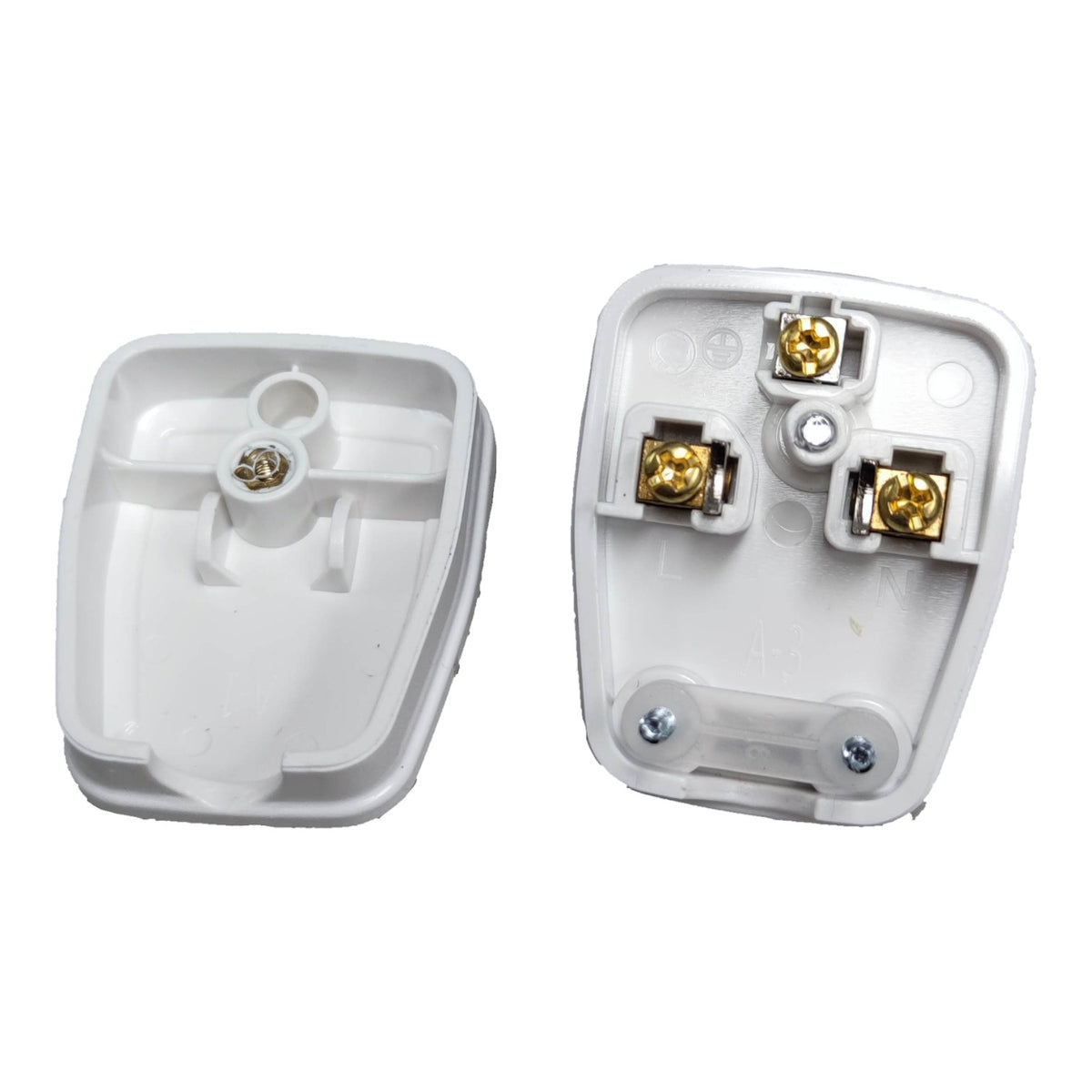 Two white plastic electrical wall sockets shown from opposite sides on a plain white background, one showing the internal terminal points with gold-colored screws and the other showing the back with screw holes.