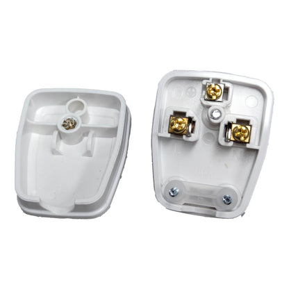 Two white plastic electrical wall sockets shown from opposite sides on a plain white background, one showing the internal terminal points with gold-colored screws and the other showing the back with screw holes.