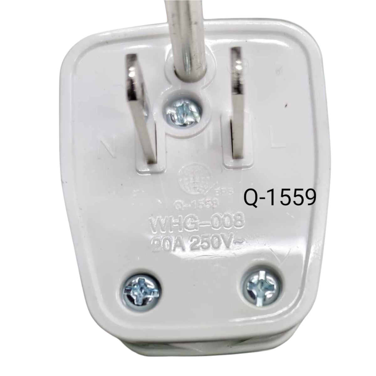 A white plastic three-pin wall plug with silver metal pins, featuring molded text including 'Q-1559', 'WHC-008', and '20A 250V~' on a plain white background.