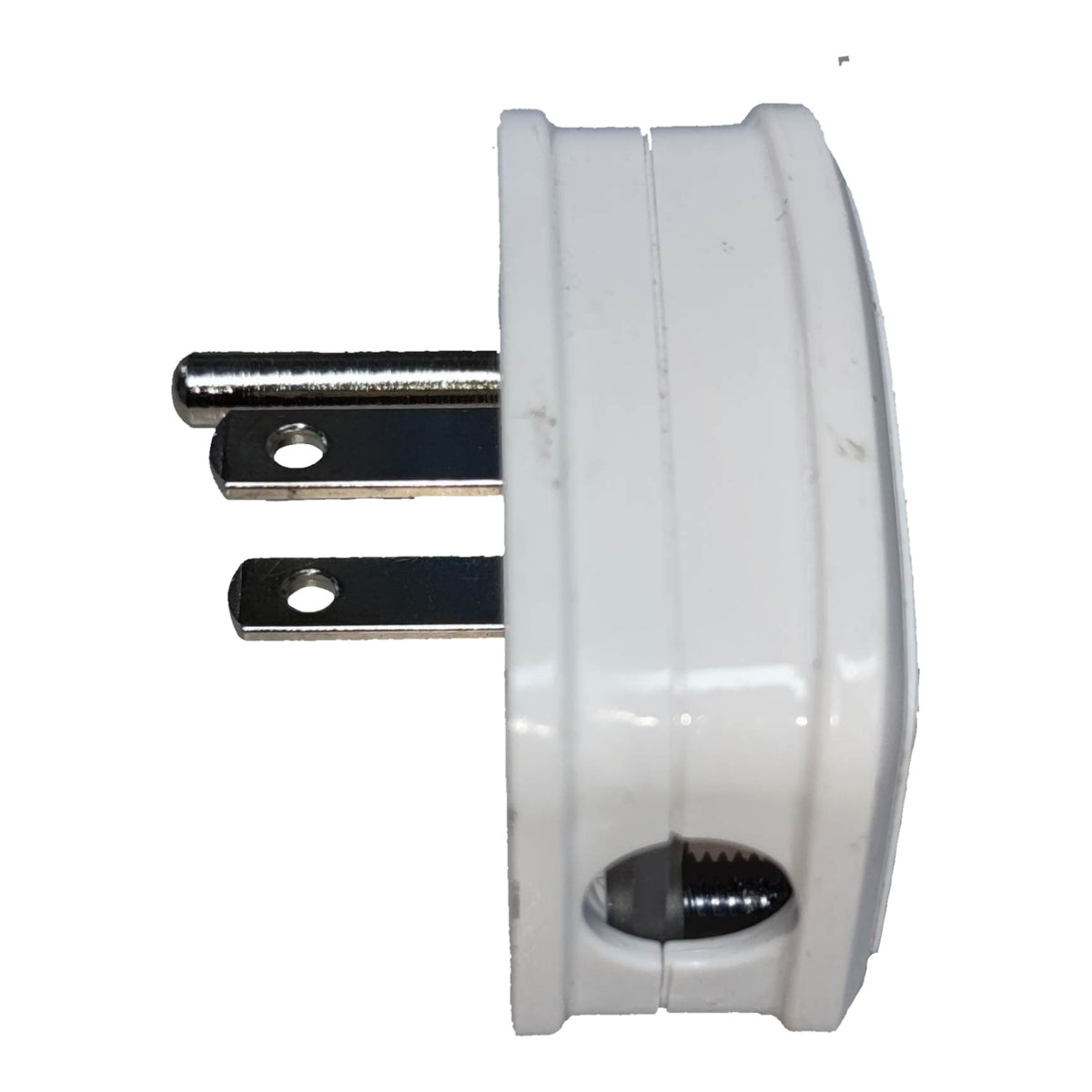 A white plastic US plug adapter with two silver metal prongs, shown from a side profile view on a white background.