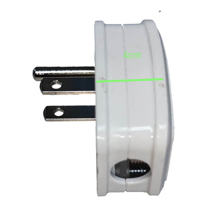 White electrical outlet adapter plug with two metal prongs and a green measurement line labeled 4cm on a white background.