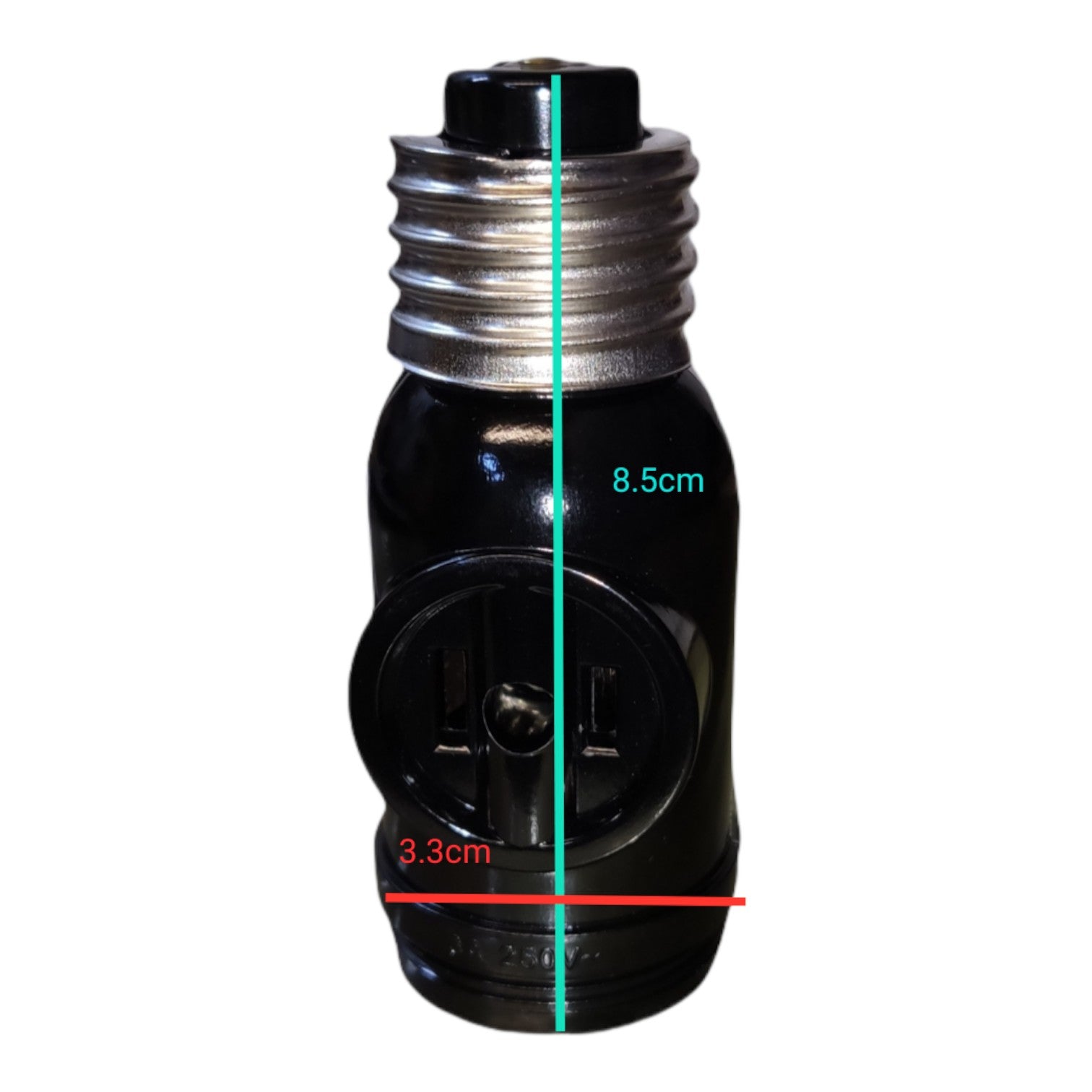 A black electrical outlet adapter with a silver screw base, shown on a white background with red and green dimension lines and text indicating 3.3cm width and 8.