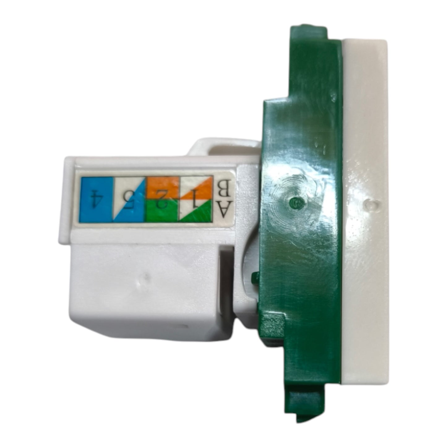 A white plastic electrical connector or terminal block with a green and white mounting bracket, featuring colored terminal labels (blue, white, orange, green) with numbers.