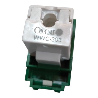 An automotive electronic component, specifically a white plastic sensor module with green circuitry base, featuring the embossed text 'OMNI WWC-303'.