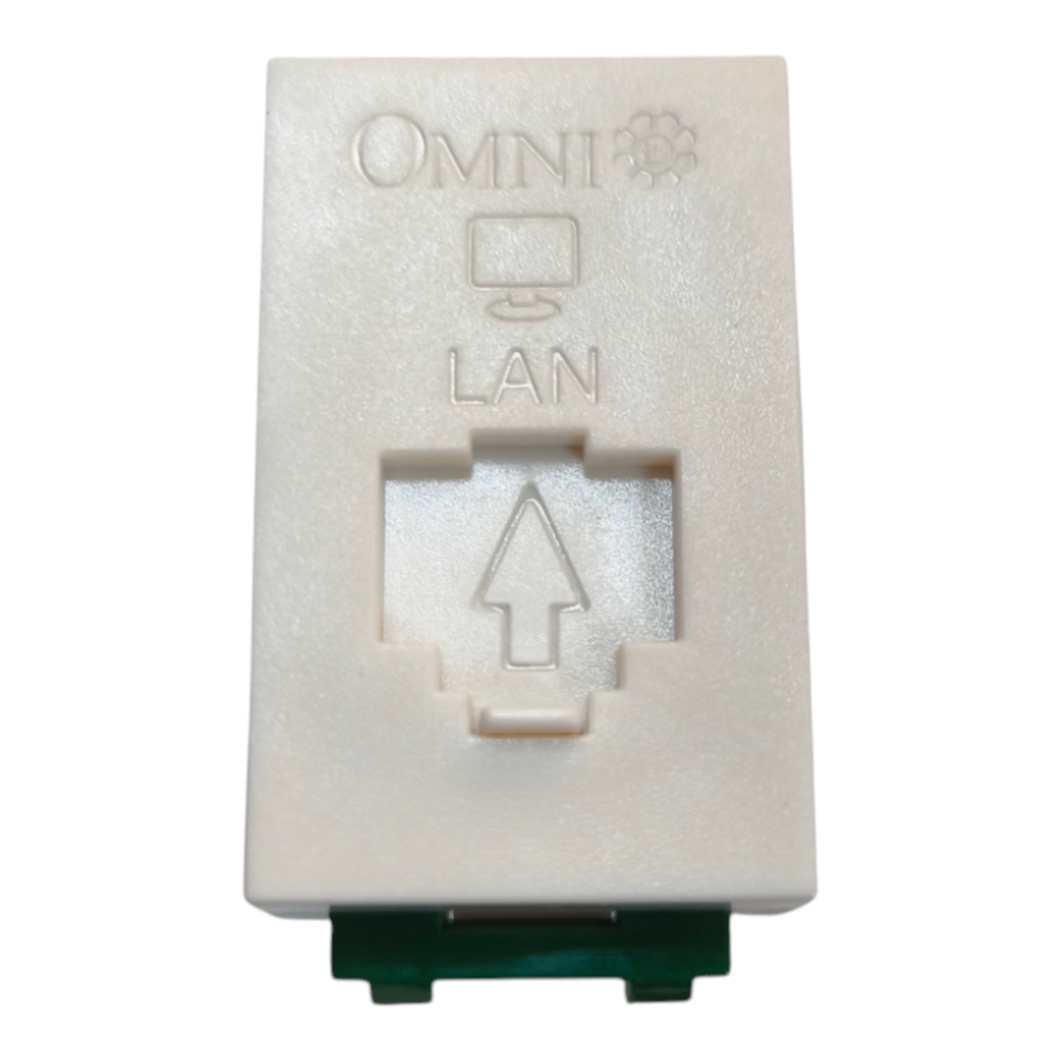 An off-white plastic RJ45 LAN port module with 'OMNI' and 'LAN' text and an upward arrow embossed on the front, featuring a dark green circuit board visible at the bottom, isolated on a white background.