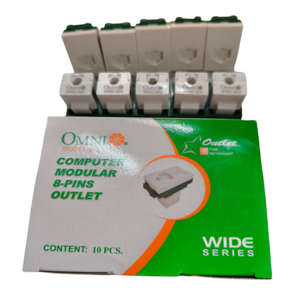 A box of Omni Module 8-Pins Computer Modular Outlet Wide Series, with ten white and green modular outlets arranged behind the packaging on a white background.