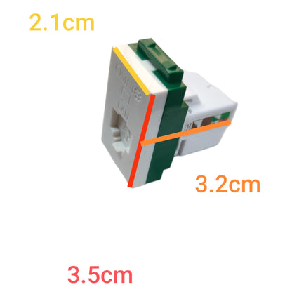 A small white and green electronic connector component on a plain white background, with yellow, orange, and red dimension labels showing 2.1cm, 3.