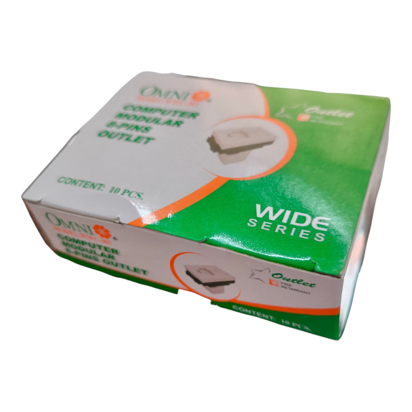 OMNI Computer Modular Pins Outlet Wide Series retail packaging box, containing 10 pieces, shown on a plain white background.