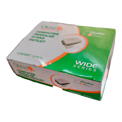 OMNI Computer Modular Pins Outlet Wide Series retail packaging box, containing 10 pieces, shown on a plain white background.