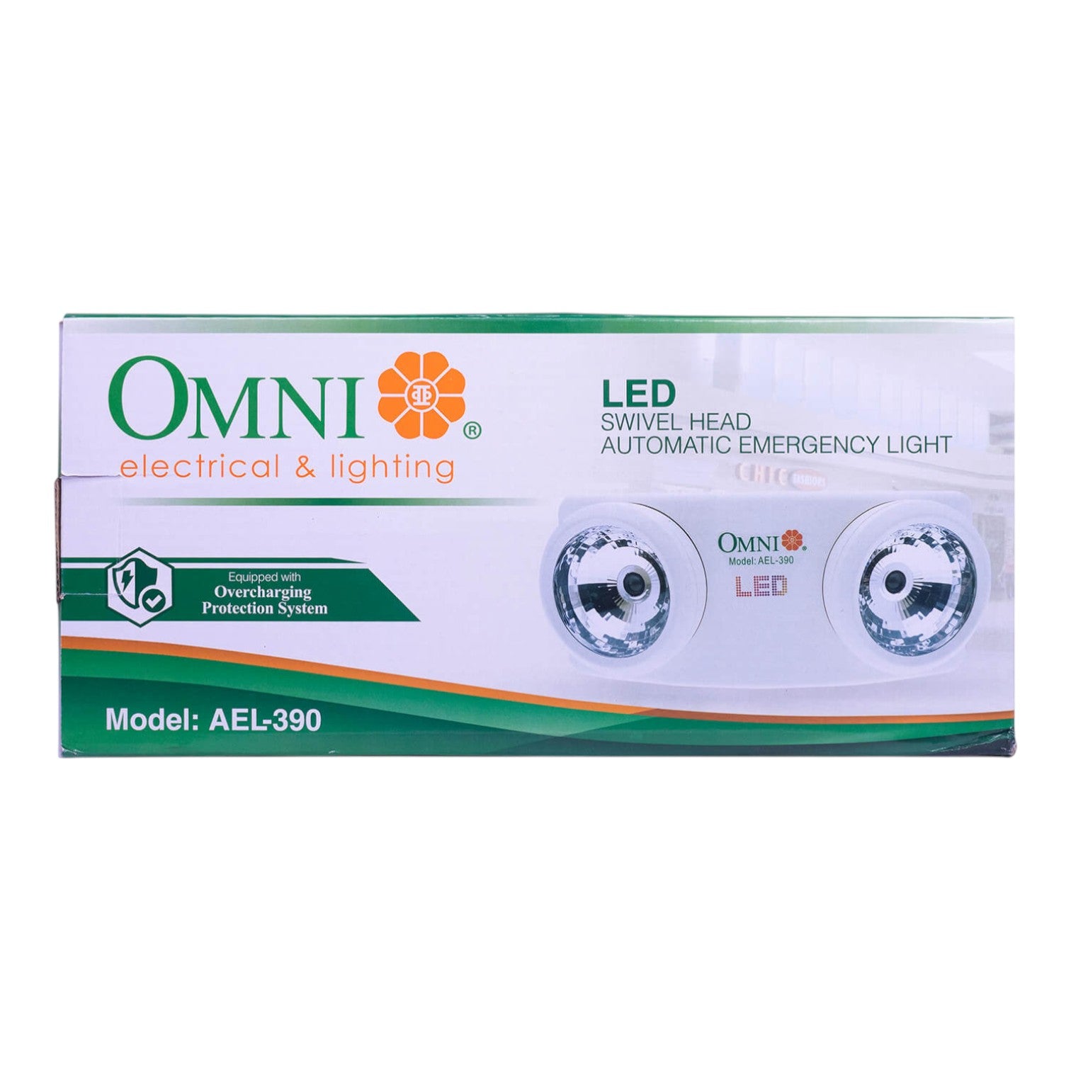 Box of Omni LED swivel head automatic emergency light on a white background