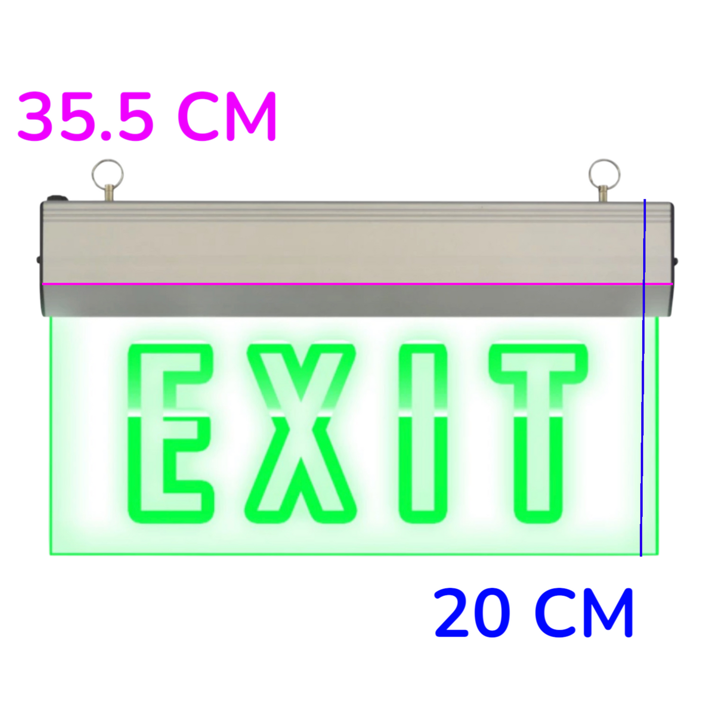 A rectangular LED exit sign with a silver metal housing and bright green glowing letters spelling EXIT. Pink and blue dimension labels read 35.