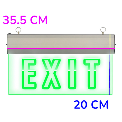 A rectangular LED exit sign with a silver metal housing and bright green glowing letters spelling EXIT. Pink and blue dimension labels read 35.