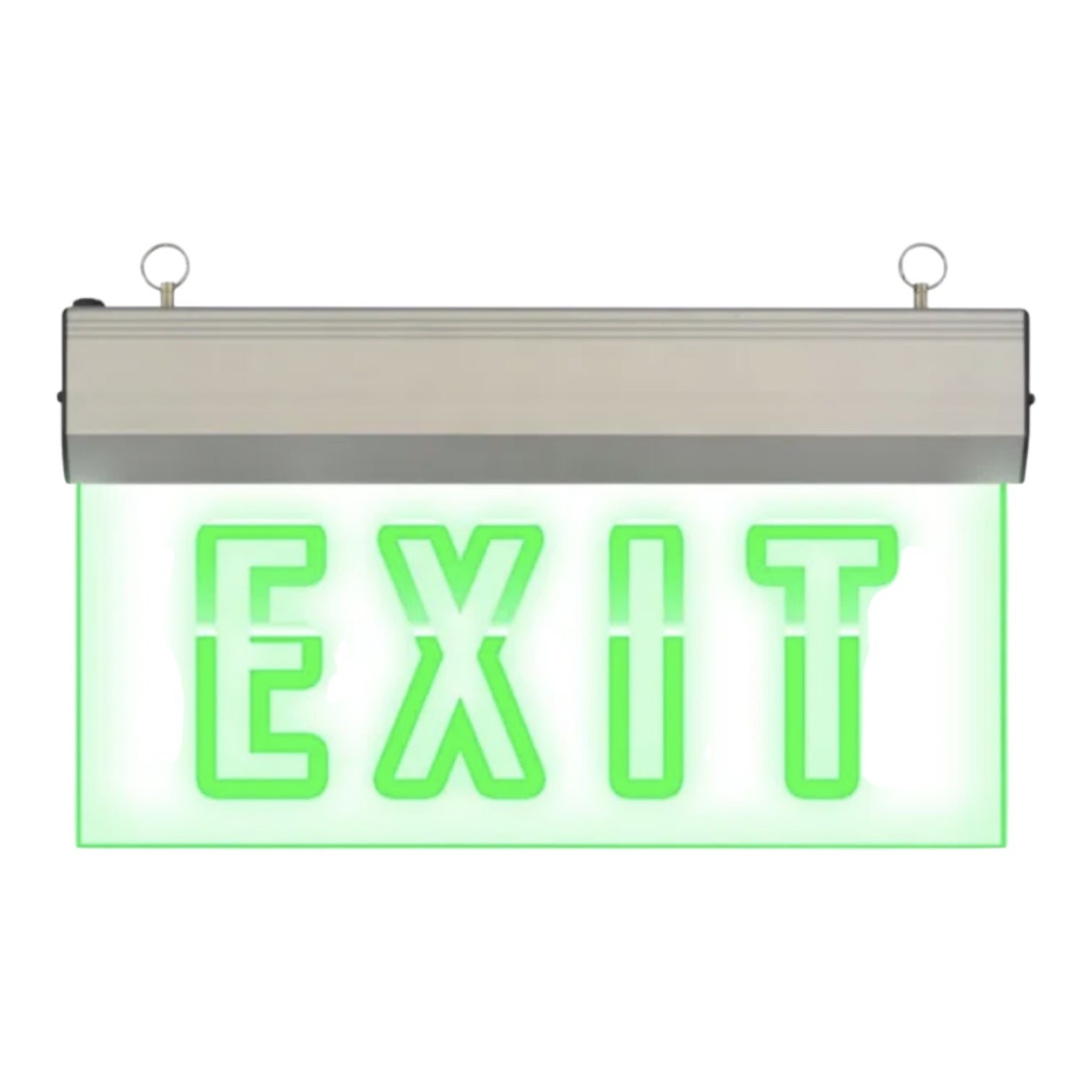 A rectangular emergency exit sign with a silver metal housing and a bright green illuminated background and lettering that reads EXIT.