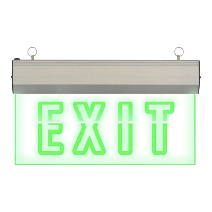 A rectangular emergency exit sign with a silver metal housing and a bright green illuminated background and lettering that reads EXIT.