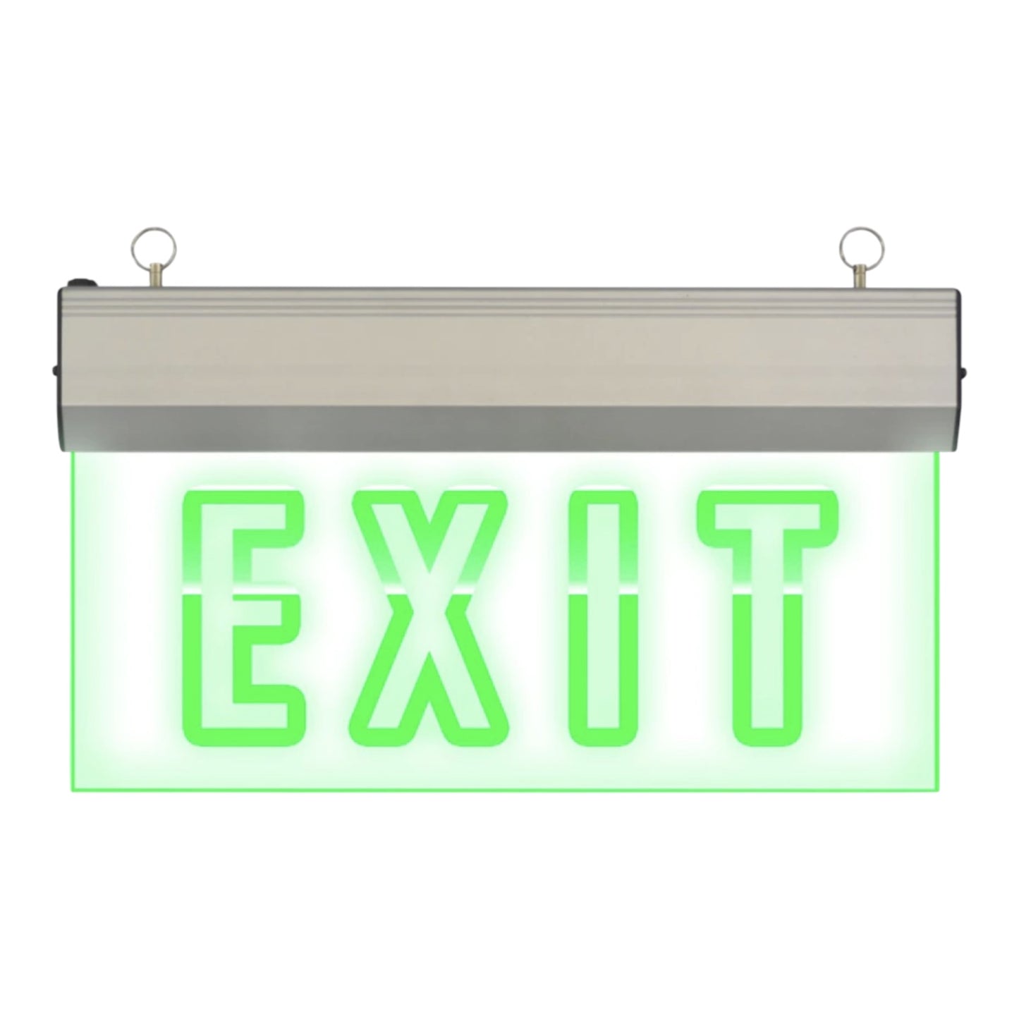 A rectangular ceiling-mounted emergency exit sign with a brushed metal housing and bright green LED lettering that reads "EXIT" on a white background.