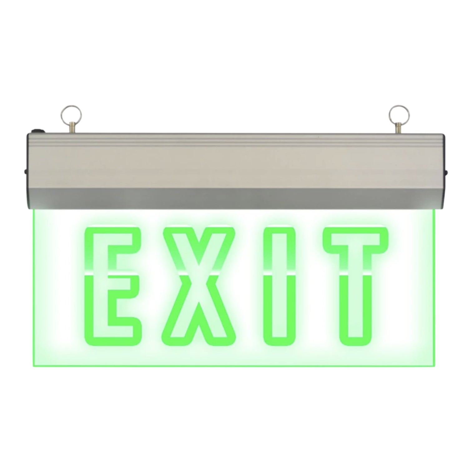 A rectangular ceiling-mounted emergency exit sign with a brushed metal housing and bright green LED lettering that reads "EXIT" on a white background.