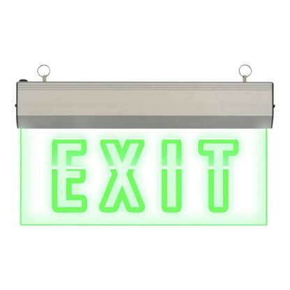 A rectangular ceiling-mounted emergency exit sign with a brushed metal housing and bright green LED lettering that reads "EXIT" on a white background.