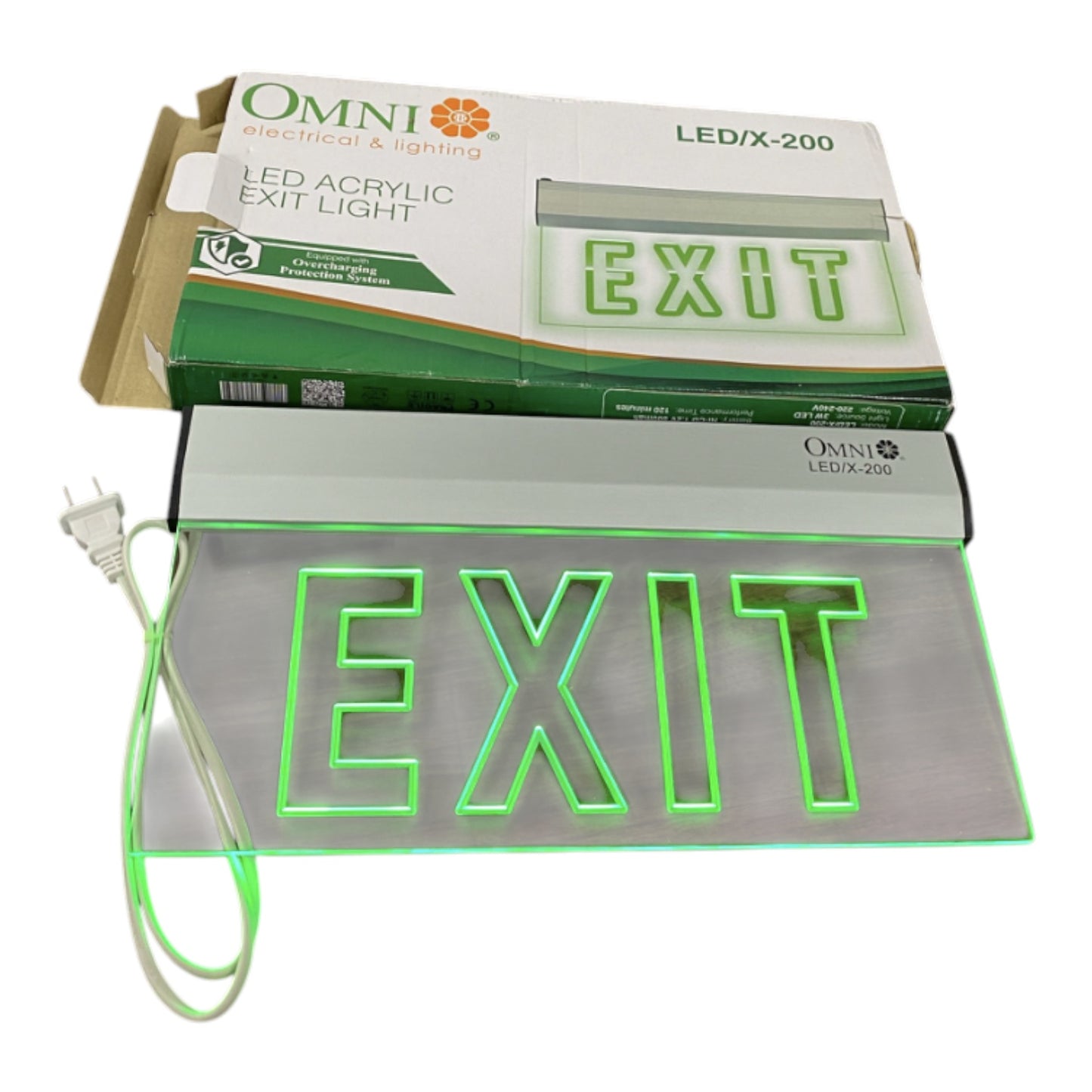 An Omni LED X-200 acrylic exit light sign with green illuminated letters, shown with its retail packaging box on a white background.
