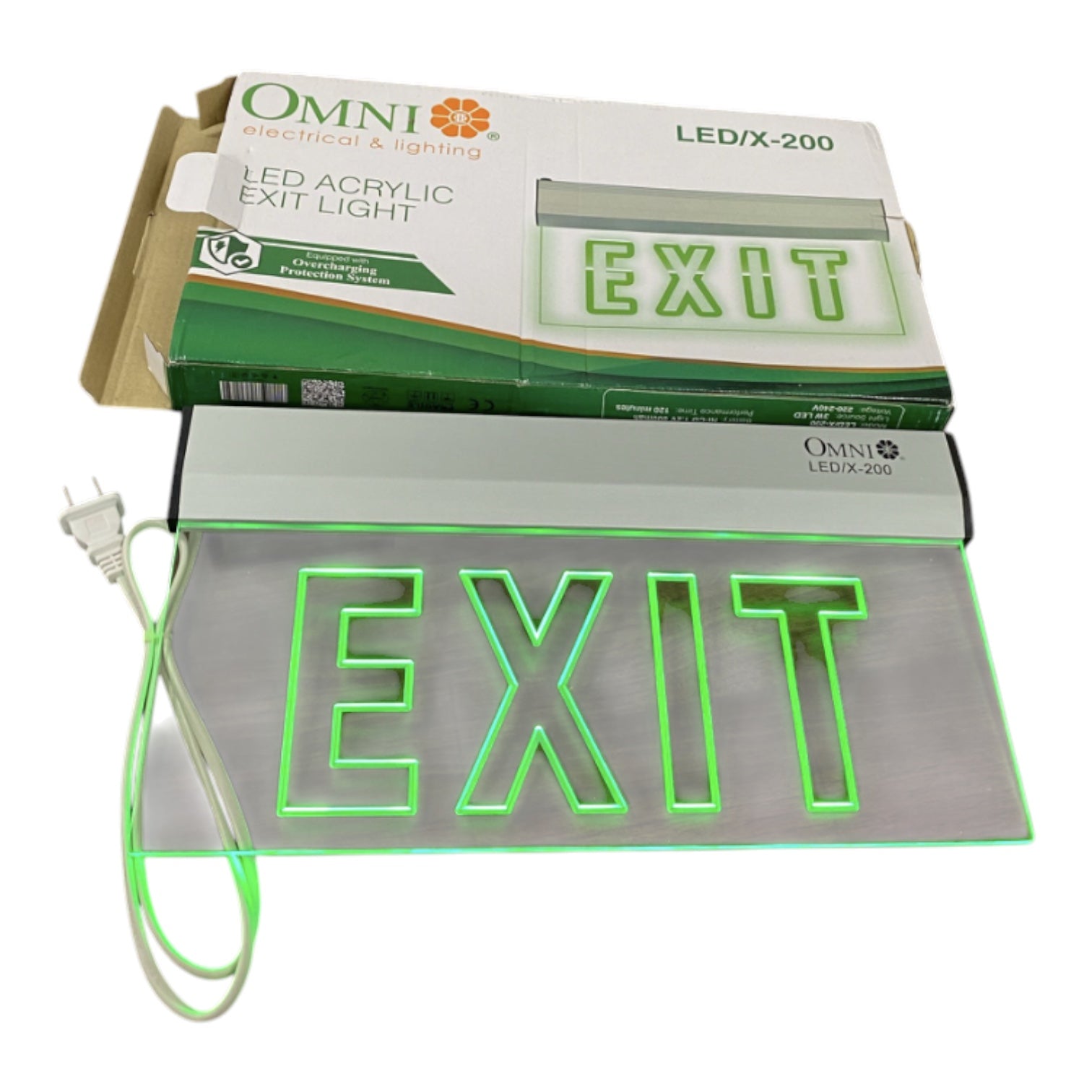 An Omni LED X-200 acrylic exit light sign with green illuminated letters, shown with its retail packaging box on a white background.