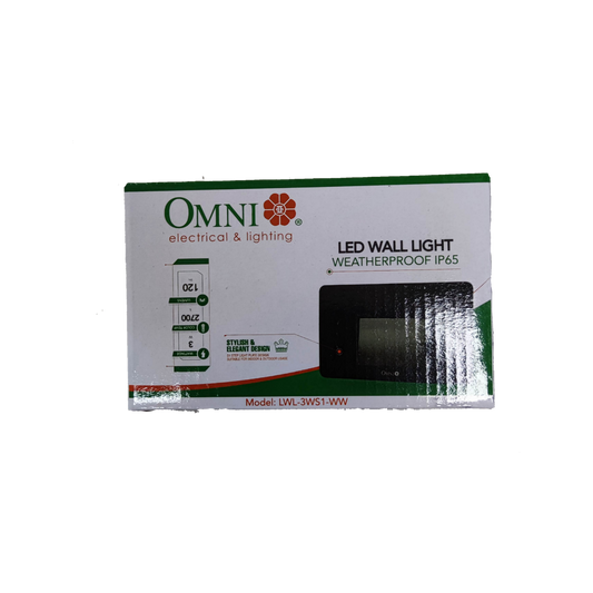 Omni LED wall light IP65 LWL-3WS1-WW packaging featuring elegant design and waterproof features