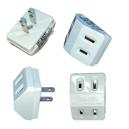 Four views of a white Omni travel plug adapter with USB charging ports, shown on a plain white background.